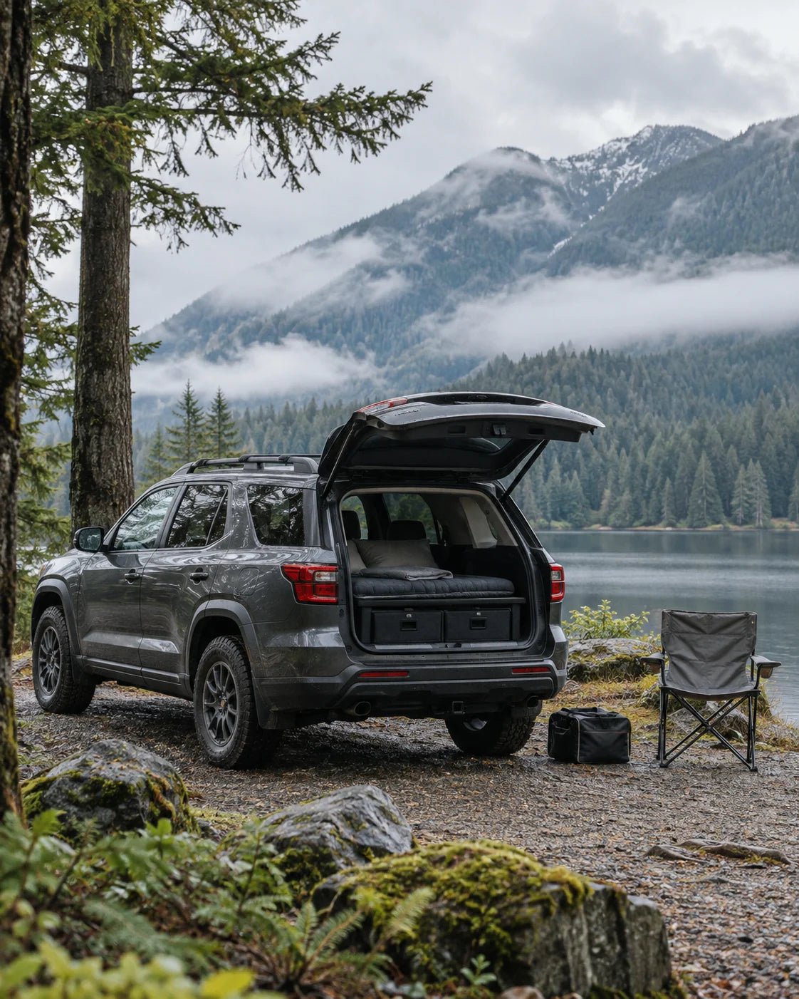 Air mattress set up in the cargo area of a parked SUV